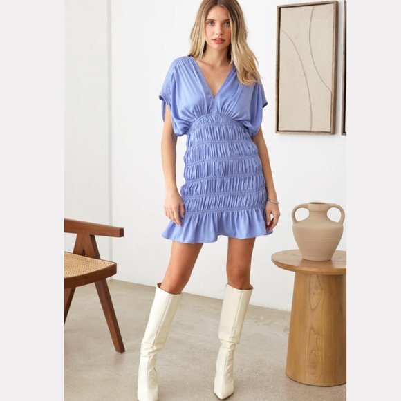 Ruched Tie Back Blue Dress - Picture 4 of 7